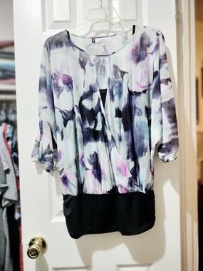 Jennifer Lopez Floral Watercolor Faux-Wrap Tunic in White, Black and Purple